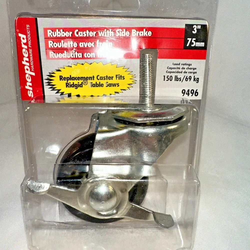 Shepherd Rubber Caster With Side lock Brake # 9496 Fits Ridgid Table Saws
